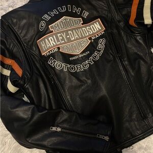 Harley-Davidson Black Leather Jacket with Orange & Cream Eagle Patch